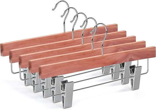 TOPIA HANGER 10 Pack American Red Cedar Natural Wooden Pants Skirt Slacks Bottoms Jeans Hangers with Metal Anti-Wrinkle Adjustable Clips, 360° Stronger Chrome Hooks, CT07P