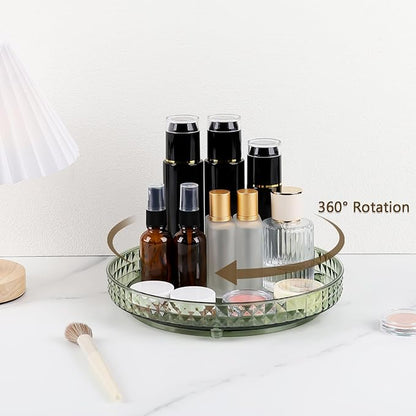 360 Clear Rotating Makeup Organize for Vanity,1 Tier Lazy Susan with Diamond Pattern, Large-Capacity Skincare Organizers Cosmetic Display Case Organizer for Dresser (Vintage Green, 1Tier)