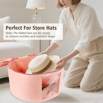 HEAVYWOOD Hat Box for Women Storage Travel Felt Hat Case for Wide-Brim Cowboy Hat Storage Foldable Organizer for Closet Large Round Hat Carrier with Portable Handle (Pink)