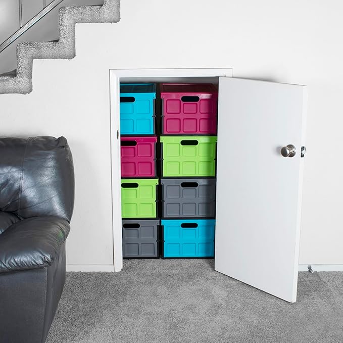 Glad Collapsible Storage Bin with Lid - 48L Foldable Plastic Box for Garage, Car Trunk, and Organization - Stackable Lidded Container with Handles, Turquoise