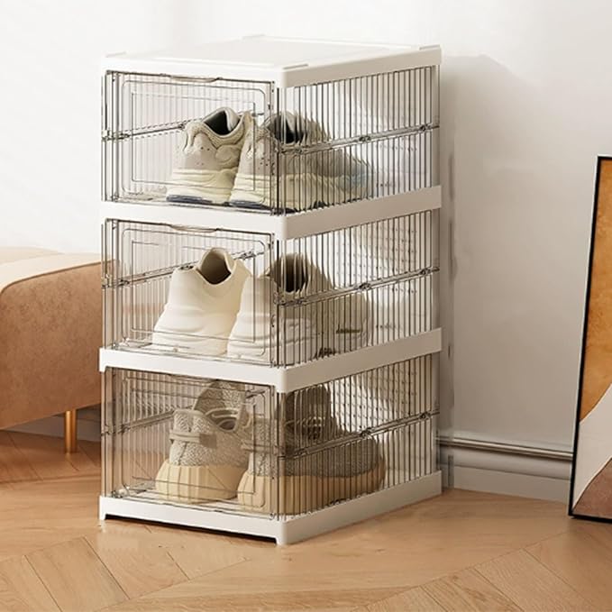 TARSHYRY Foldable Shoe Organizer, Stackable Shoe Rack with Transparent Door, Space Saving Bin Holder for Sneaker Container, Organizer for Boots, Heels, Sandals (3 Layers 10.04x13.58x20.67in)