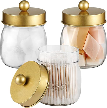SheeChung 3 Pack Qtip Holder Bathroom Jar Set, Apothecary Mason Jar for Bathroom Vanity Home Storage Organizer, Plastic Acrylic Qtip Dispenser for Cotton Swab, Floss Pick, Farmhouse/Home Decor (Gold)