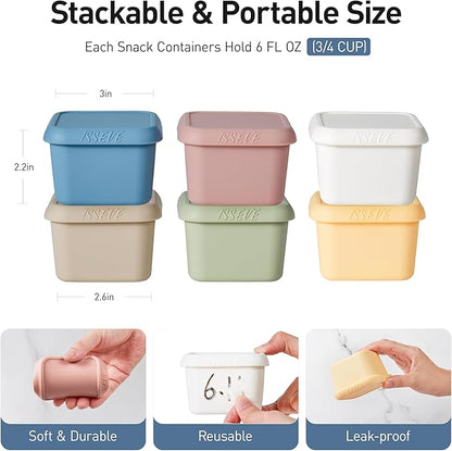 ISSEVE 6Pack 6oz Silicone Snack Containers for Kids, Reusable Small Containers with Lids, Leak Proof Silicone Food Storage Containers, Children Kids Lunch Box for Daycare, School, Travel