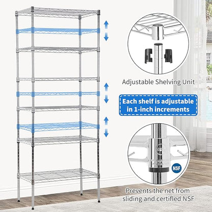 Metal Shelving Unit Detachable Storage Rack with 8 Leveling Feet Adjustable Storage Shelves Wire Shelves for Storage Kitchen Garage, 900LB Capacity, 59" H x 23" L x 13" D, Chrome