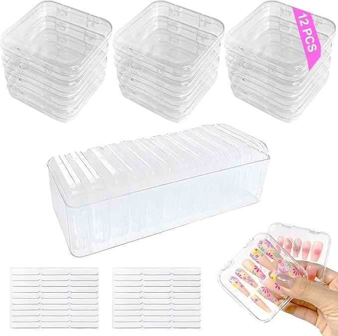 13 Pcs Clear Press On Nail Storage Box with Container, False Nail Case Organizer Press On Nail Packaging Box Nail Display Case with Double Sided Tape for Nail Art Home Salon Nail Business Supplies