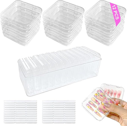 13 Pcs Clear Press On Nail Storage Box with Container, False Nail Case Organizer Press On Nail Packaging Box Nail Display Case with Double Sided Tape for Nail Art Home Salon Nail Business Supplies