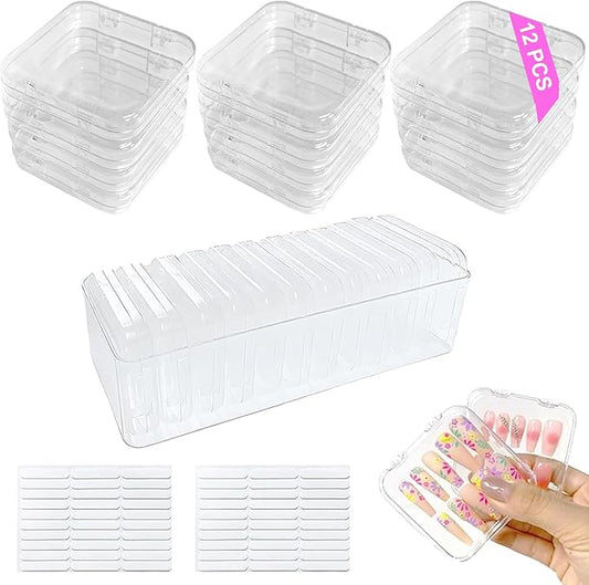 13 Pcs Clear Press On Nail Storage Box with Container, False Nail Case Organizer Press On Nail Packaging Box Nail Display Case with Double Sided Tape for Nail Art Home Salon Nail Business Supplies