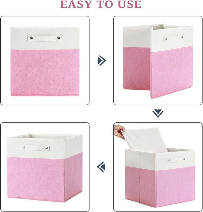 FinishingBo 13 x 13 Inch Fine Linen Storage Bins with Handles，Fabric Cube Boxs，Basket Organizers for Shelves for Home, Closet Drawers (White/Pink-4 Pack)