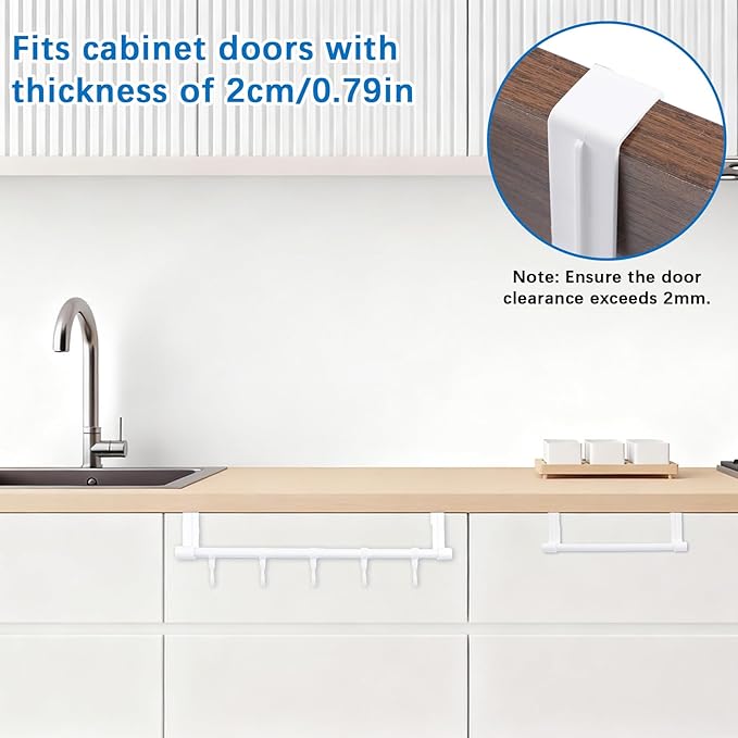 INCREWAY 2Sets Towel Holder, Over Cabinet Door Towel Rack with Hooks, Multi-Purpose Kitchen Towels Rack and Hanger Organizer for Sink Bathroom Pantry Door (White)