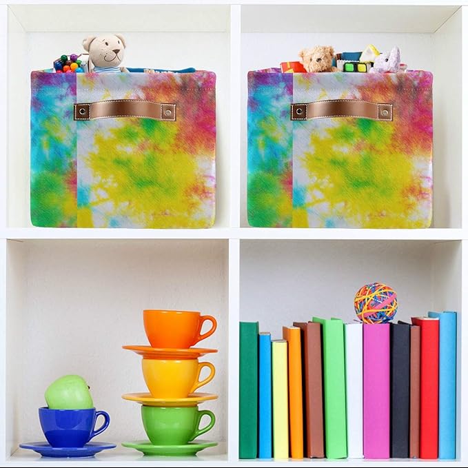 Colorful Tie Dye Pattern Storage Basket Bin, Large Cube Storage Box Canvas Collapsible Storage Organizer for Home Office Closet - 15 L x 11 W x 9.5 H