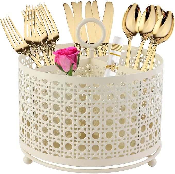 NelyBet 360° Rotating Rotating Utensil Caddy With Handle, Cutlery Silverware Caddy Holder Flatware Organizer with 4 Compartment For Kitchen Countertop Party Office Cream White