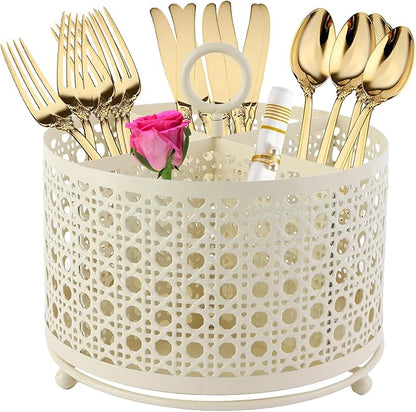 NelyBet 360° Rotating Rotating Utensil Caddy With Handle, Cutlery Silverware Caddy Holder Flatware Organizer with 4 Compartment For Kitchen Countertop Party Office Cream White