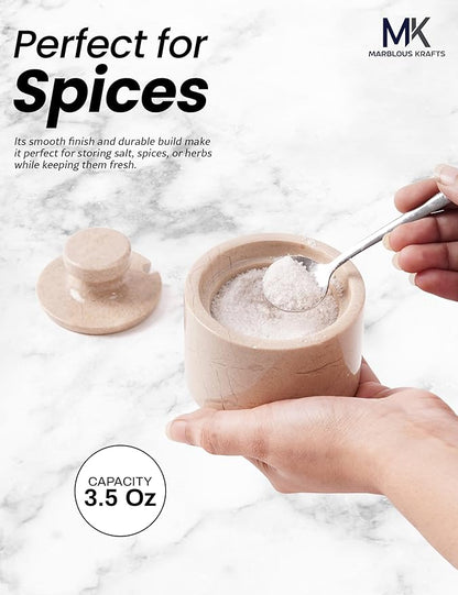 MARBLOUS KRAFTS Marble Salt Container with Lid & Spoon 3" Verona Pepper, Spices & Seasonings Jar for Kitchen Storage, Perfect Sugar Bowl & Salt Box Countertop Décor, Gift for Her