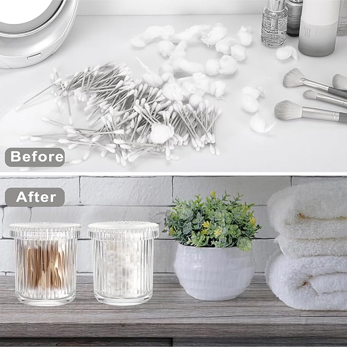 2 Pack Glass Qtip Holder with Lid, Qtip Dispenser Bathroom Storage Jars- Glass Apothecary Jars for Cotton Ball, Swab, Pads, Floss Picks, Bathroom Accessories Organization and Vanity Organizer(Clear)