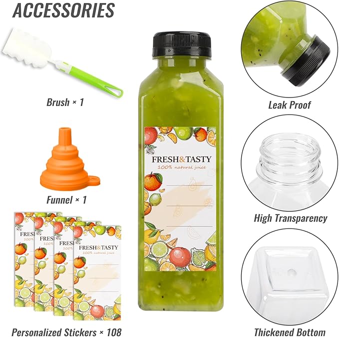TOMNK 100pcs 16oz Plastic Beverage Containers, Black Caps with Label, Funnel and Brush for Juicing, Smoothies, Tea, Milk