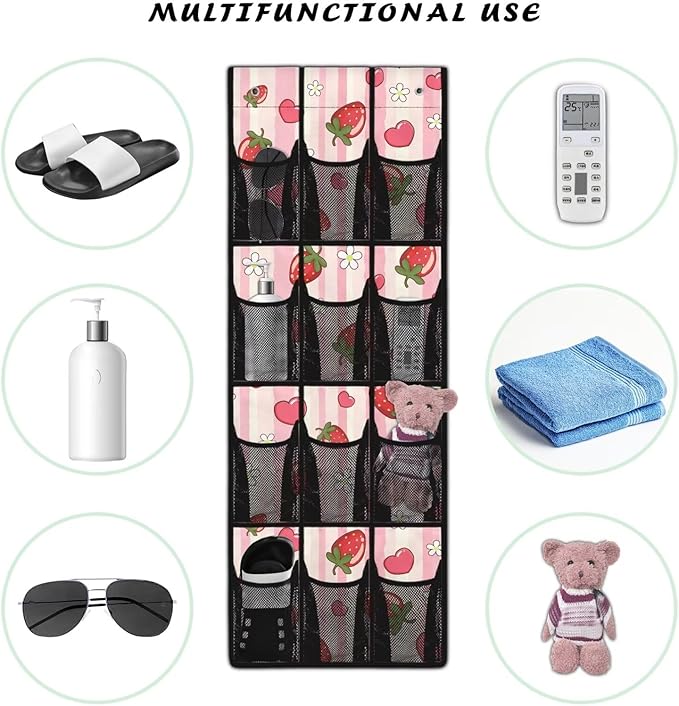 Strawberry Stripe Hanging Storage Bags,Shoe Organizer Door Hanger with 12 Mesh Large Pockets,Behind Door Shoes Hang Holder Rack