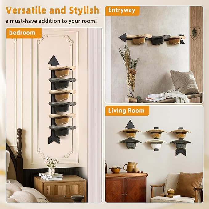 Cowboy Hat Holder for Wall, Cowboy Hat Rack Arrow Wood for 10 Baseball Caps and 5 Cowboy Hats, Western Wall Decor for Bedroom, Hat Organizer Hanger Storage for Entryway Closet Living Room, Black