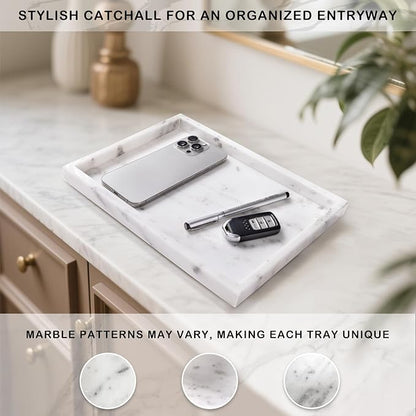 Bathroom Tray for Countertop, Marble Perfume Tray for Dresser Organizer, Marble Tray for Bathroom Counter & Home Decor, Natural Decorative Stone Vanity Trays, 12" x 8", Starry White
