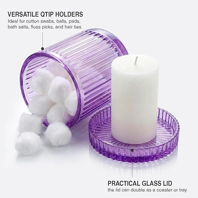 2 Pack Qtip Holder - Apothecary Jars with Lids, Bathroom Organizers and Storage Canister for Cotton Balls,Swabs,Floss Picks,Hair Ties,Clear Glass Vintage Bathroom Decor Jar Set (purple)