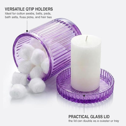 2 Pack Qtip Holder - Apothecary Jars with Lids, Bathroom Organizers and Storage Canister for Cotton Balls,Swabs,Floss Picks,Hair Ties,Clear Glass Vintage Bathroom Decor Jar Set (purple)