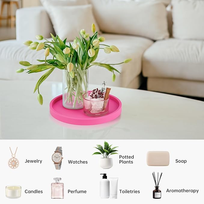 NiHome Thickened Silicone Vanity Organizer Tray for Bathroom Accessories, Kitchen Countertop, Living Room Decor, Multipurpose Shatter-Resistant Round Tray Decor for Candle Perfume Soap Plant(Hot Pink)
