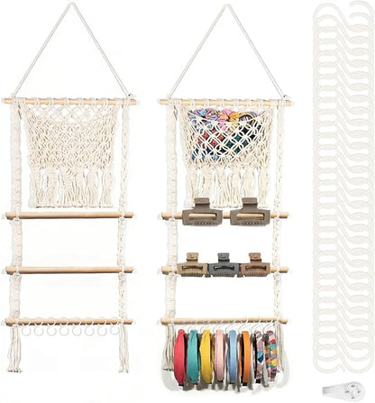 Hair Clip Holder Organizer Macrame Bow Organizer for Girls,Headband Holder Hair Accessories Storage Large Capacity Wall Hanging for Door Bedroom Wardrobe Home Decor (Beige A)