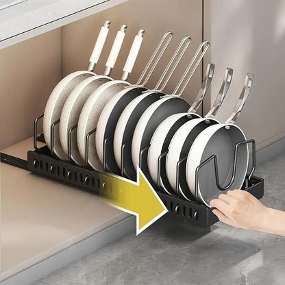 AmoiChic 2 Pack Pull Out Cabinet Organizer for Pots and Pans, Black Storage Rack with 8 Adjustable Dividers, Kitchen Cabinet Organizer for Pot Lids, Bakeware, Dishes Storage