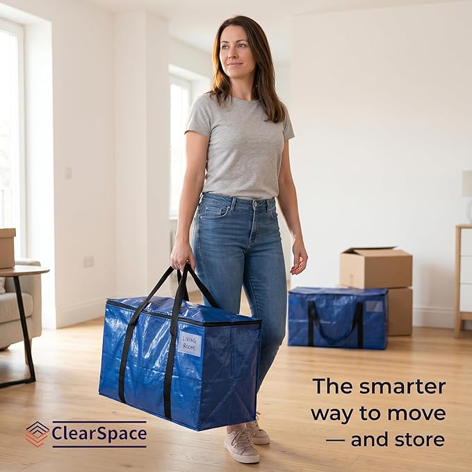 ClearSpace Heavy Duty Moving Bags - Water Resistant Storage Bags or Storage Bins with Lids and Moving Supplies - Large Moving Boxes for College Dorm, Travel, Closet Organization - 8 Pack