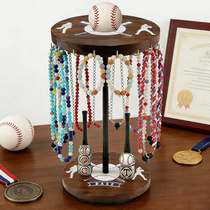Baseball Drip Holder & Championship Ring Display - Baseball Jewelry Stand for Men with 18 Hooks, 360°Rotating Baseball Necklace and Ring Holder, Perfect Gifts for Baseball Players and Lovers