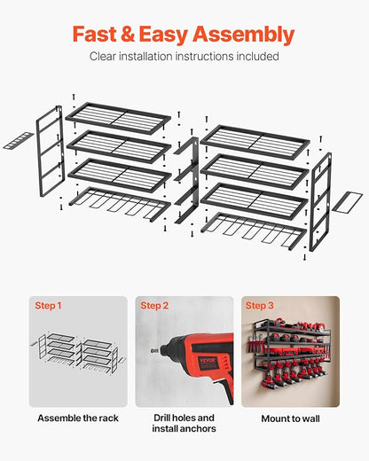 VEVOR Power Tool Organizer Wall Mount, 4-Layer Storage Rack with 8 Drill Holders, Tools Holder and Storage Rack with Screwdriver Holder, Garage Tool Organizer for Garage, Workbench, and Workshop