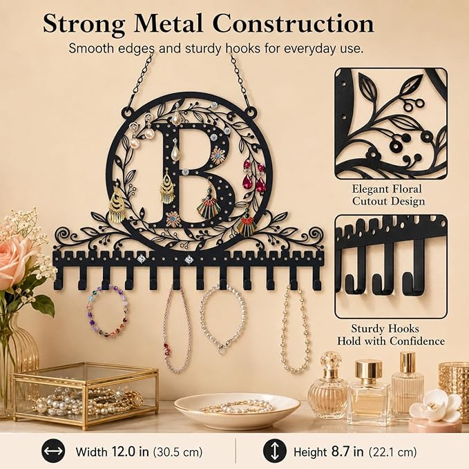 Wall-Mounted Metal Initial Letter B Earring Holder Hanging Jewelry Organizer for Earrings and Necklaces Space-Saving Wall Display with Hooks for Jewelry Storage