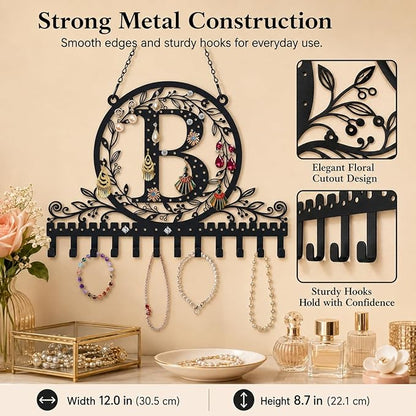 Wall-Mounted Metal Initial Letter B Earring Holder Hanging Jewelry Organizer for Earrings and Necklaces Space-Saving Wall Display with Hooks for Jewelry Storage