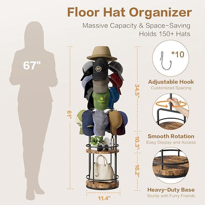 Keebofly 360° Rotating 5-Tier Hat Rack Stand - Large Capacity Freestanding Hat Display Rack, Hat Organizer for Baseball Caps with Shelves, Hat Storage Holds 150+ Hats, Classy for Retail Store & Home