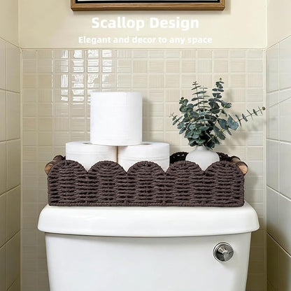 CubesLand Bathroom Basket Organizer w/Cut Out Handle, Back of Toilet Paper Storage Baskets for Bathroom Countertop Decorative, Small Scalloped Wicker Basket Also for Home Decor, Living Room, Brown