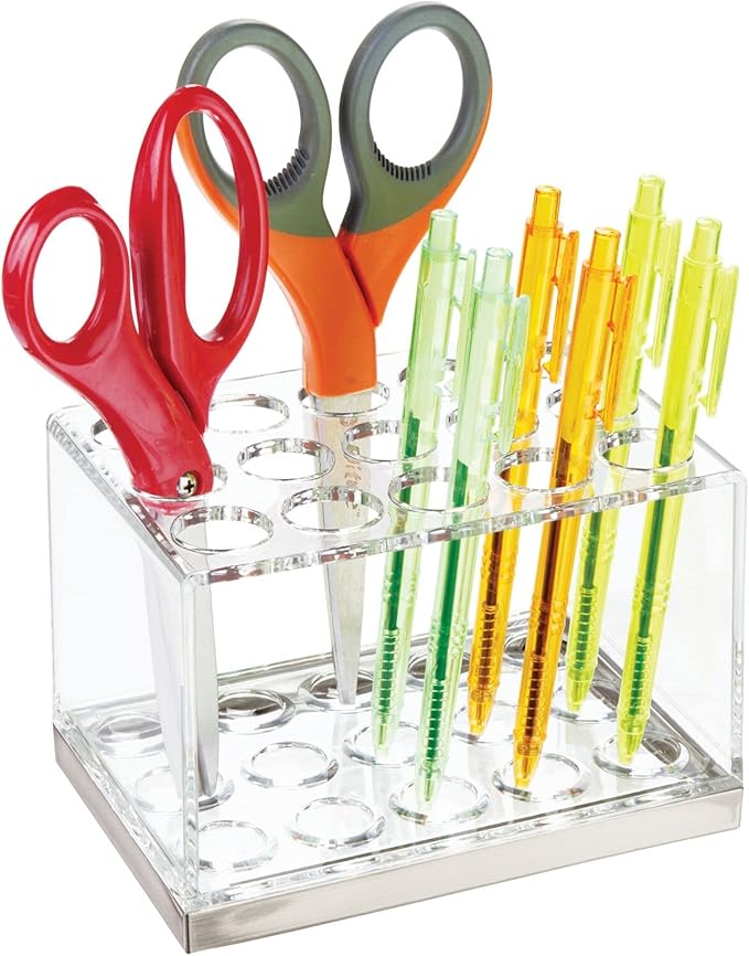 mDesign Plastic Makeup Brush Storage Organizer with 15 Slots for Bathroom Countertop, Vanity to Hold Eye/Lip Pencils, Lip Gloss, Liners, Lipstick - Clear/Brushed