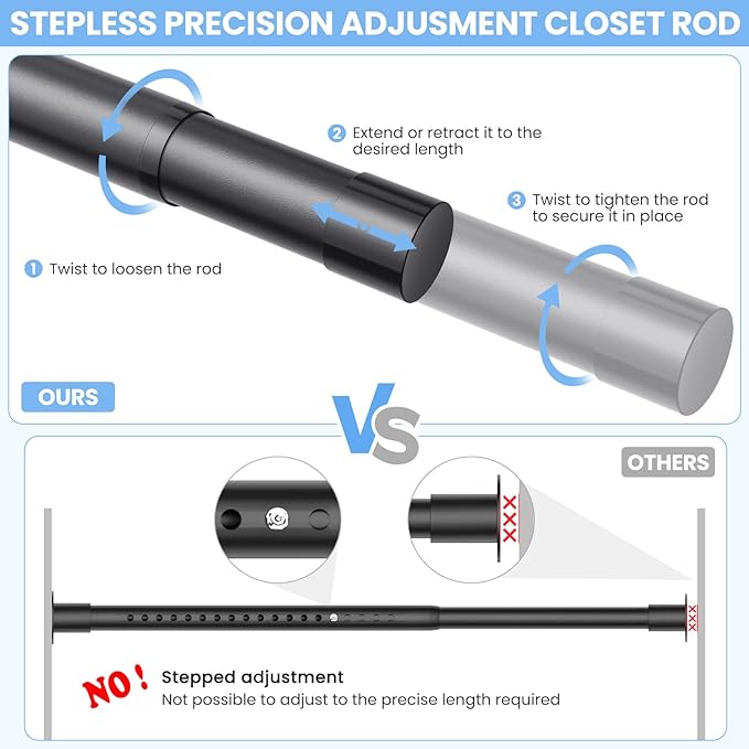 Closet Rods for Hanging Clothes, 17 to 84 Inch Stepless Adjustable Closet Rod, 1.3 Inch Diameter Metal Heavy Duty Closet Hanging Rod for Closet Wardrobes Laundry RV, Black