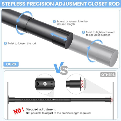 Closet Rods for Hanging Clothes, 17 to 84 Inch Stepless Adjustable Closet Rod, 1.3 Inch Diameter Metal Heavy Duty Closet Hanging Rod for Closet Wardrobes Laundry RV, Black