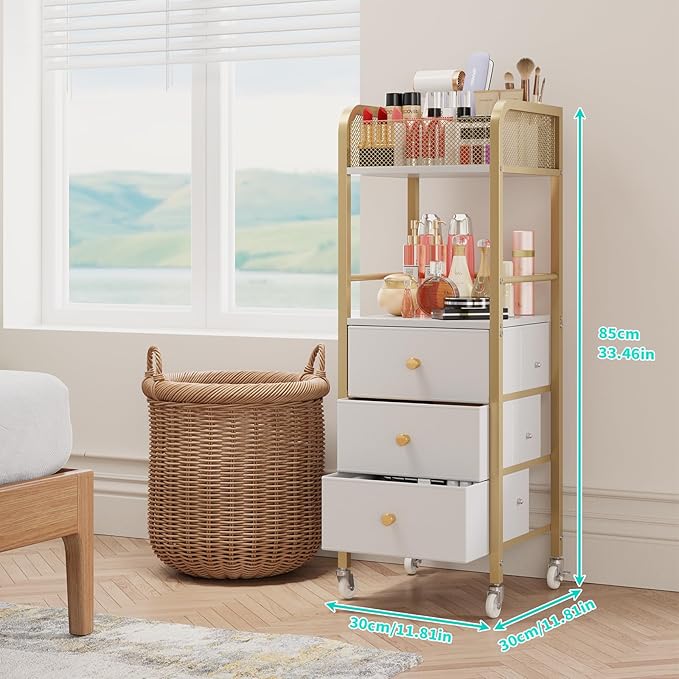 HapiRm Rolling Makeup Cart Organizer - Floor Skincare Make Up Storage with 3 Non-woven Fabric Drawers, Vanity Organizer Cosmetic Display Cases Holder for Skin Care Perfume Nail Polish Brush Hair Tool