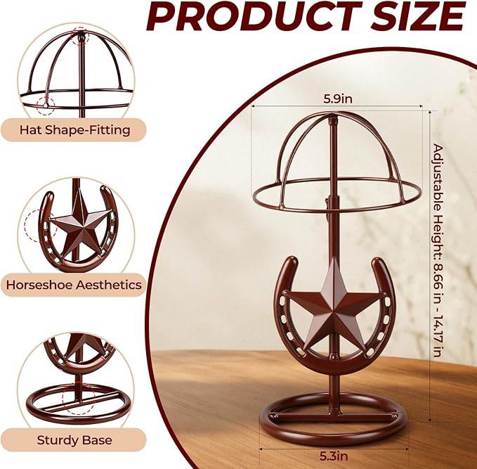 2 Pack Cowboy Hat Rack Stand Cowboy Hat Display Holder with Western Horseshoe Decor Vintage Gifts for Fedoras, Sun Hats, Iron & Bronze, Equestrian Supply(Classic)