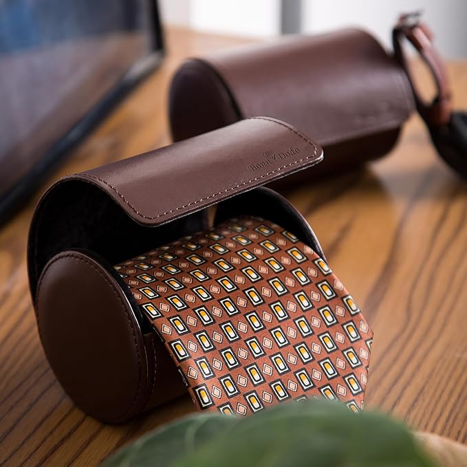 Tie Box for Men 's PU Ties case Necktie Organize Cylinder Leather Men’s Storage Portable Tie Roll for Travel Business Gifts (Dark Brown)
