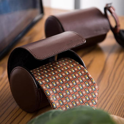 Tie Box for Men 's PU Ties case Necktie Organize Cylinder Leather Men’s Storage Portable Tie Roll for Travel Business Gifts (Dark Brown)