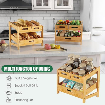 2-Tier Stackable Can Rack Organizer for Pantry, Fruit Basket, 2 Tier Bamboo Fruits Basket Stand for Kitchen Countertop, Tray Suitable for Bread, Vegetables, Produce