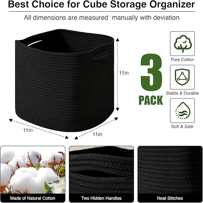 ICERZCZ 11 Inch Cube Storage Bins, Storage Cube Organizer Bins, Woven Cotton Rope Basket for Storage, Storage Baskets for Organizing Shelves, Square Baskets for Toys, Black (Pack of 3)