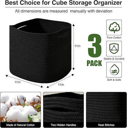 ICERZCZ 11 Inch Cube Storage Bins, Storage Cube Organizer Bins, Woven Cotton Rope Basket for Storage, Storage Baskets for Organizing Shelves, Square Baskets for Toys, Black (Pack of 3)