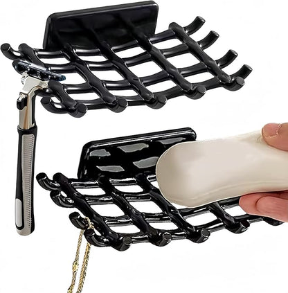 Soap Holder Soap Dish with Hooks Razor Holder Adhesive Bar Soap Holder No Drilling Soap Saver Tray for Shower Wall Bathroom Organizer Shower Rack Bathtub Sink (Black+Black)