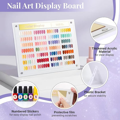 Segbeauty 168 Colors Acrylic Nail Art Display Board with Tweezer, Nail Display Polish Stand with False Fingernail Tips Double Sided Tape and Number Sticker, Showing Holder for Sample Display Practice