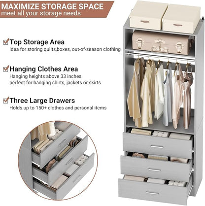 Besiost Closet System Set of 2, 4FT Closet Systems with 6 Wood Drawers, 48" Closet Organizer System with 2 Hanging Rods & 2 Shelves, Heavy Duty 48 Inch Walk-in Closet, Grey (48"L x 15" W x 80" H)