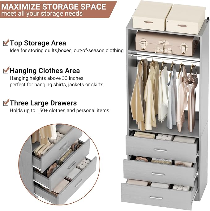 Besiost Freestanding 2FT Closet System with 3 Wood Drawers, 24" Closet Organizer System with Hanging Rod & Shelves, Walk-in Closet Systems for Small Closets, Grey (24"L x 15" W x 80" H)