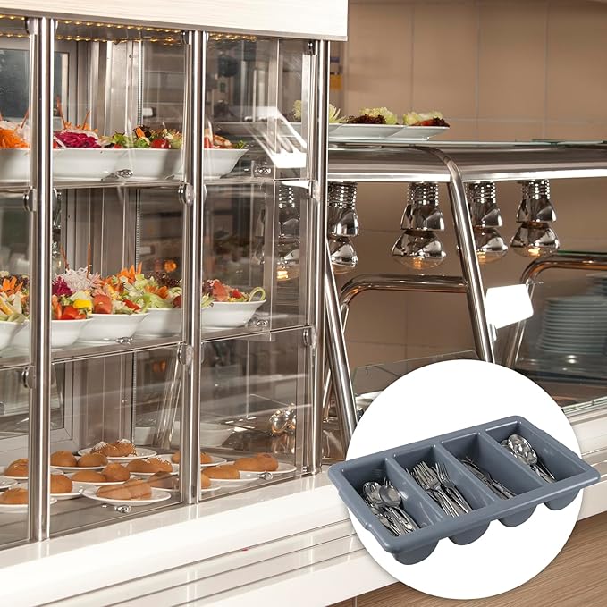 4 Pack Plastic Commercial Cutlery Bin, 4 Compartment Commercial Silverware Bin, Gray