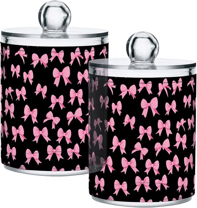 ALAZA 4pcs Funny Bow Black Qtip Holder Dispenser 14 oz Bathroom Storage Clear Apothecary Jars Containers Cotton Ball,Cotton Rounds,Floss Picks, Hair Clips, Food